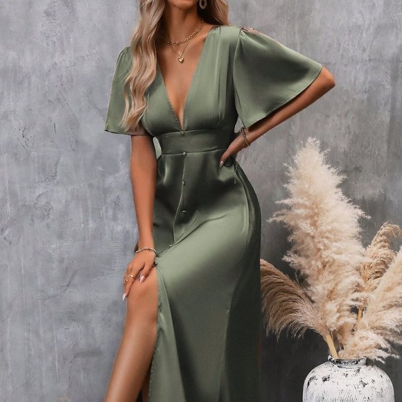 . Dresses & Skirts - Army Green Preppy Womens Plunging Neck Butterfly Sleeve Split Thigh Satin Dress